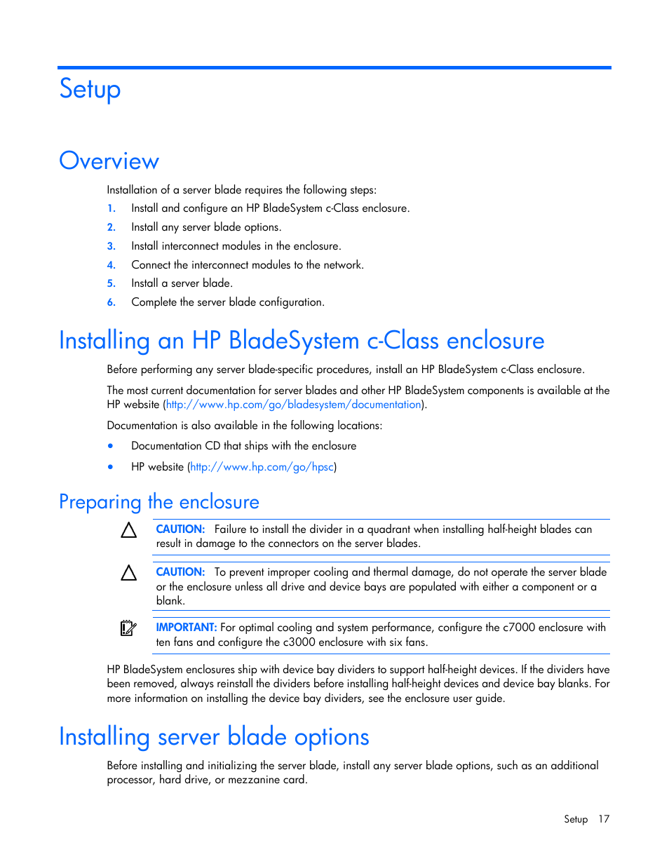 Setup, Overview, Installing an hp bladesystem c-class enclosure | Preparing the enclosure, Installing server blade options | HP ProLiant BL460c Gen8 Server Blade User Manual | Page 17 / 83