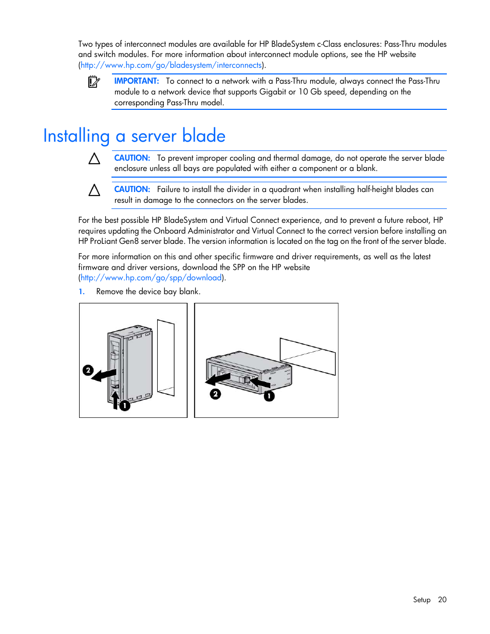 Installing a server blade | HP ProLiant BL460c Gen8 Server Blade User Manual | Page 20 / 83