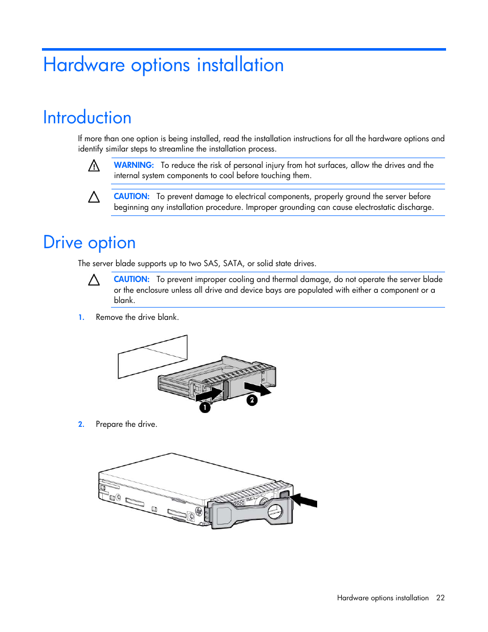 Hardware options installation, Introduction, Drive option | HP ProLiant BL460c Gen8 Server Blade User Manual | Page 22 / 83