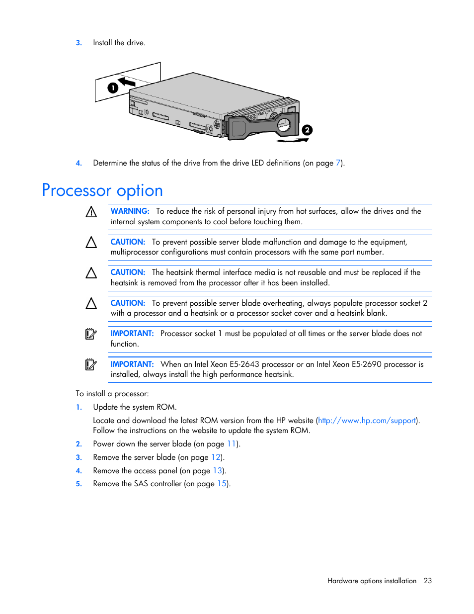 Processor option | HP ProLiant BL460c Gen8 Server Blade User Manual | Page 23 / 83