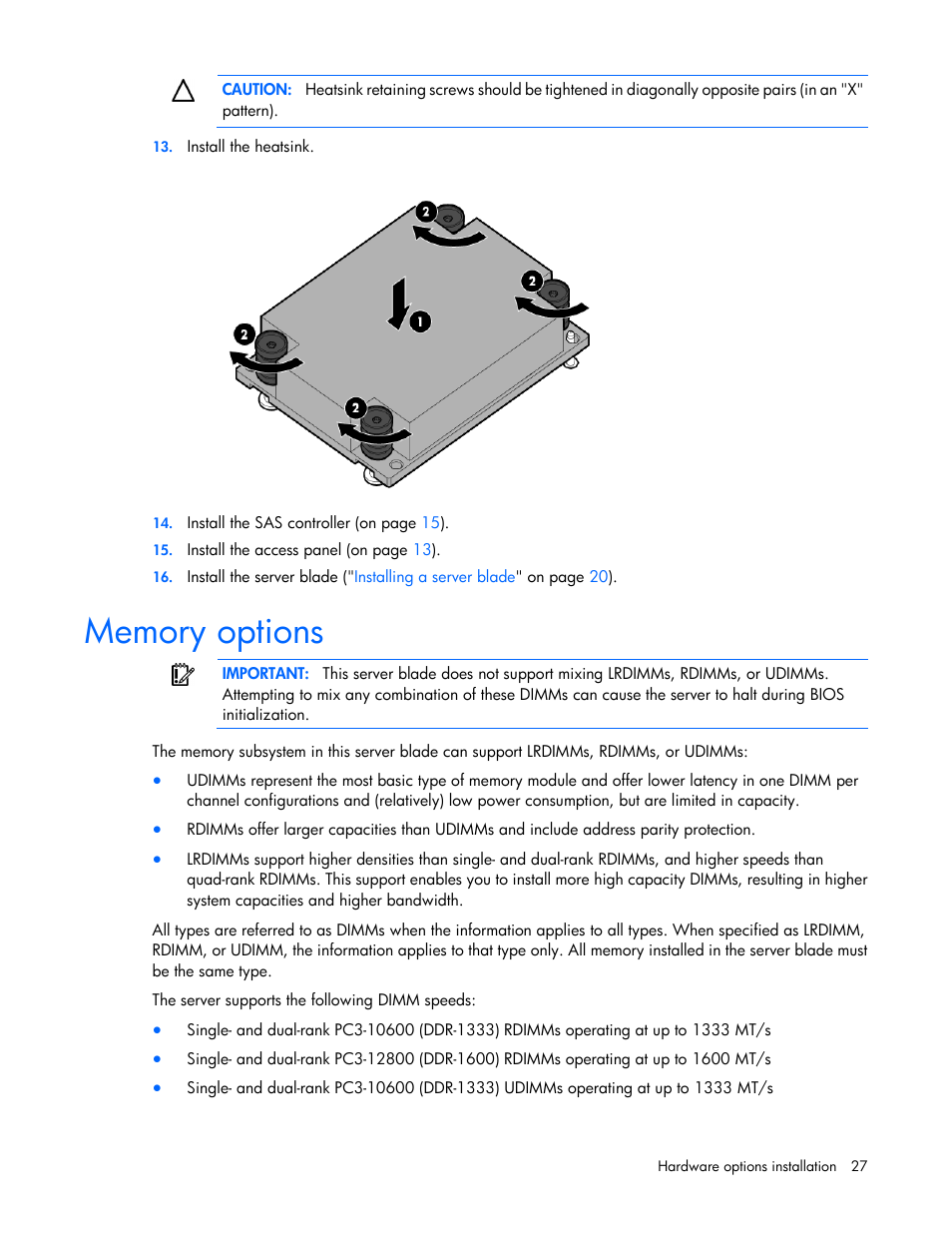 Memory options | HP ProLiant BL460c Gen8 Server Blade User Manual | Page 27 / 83