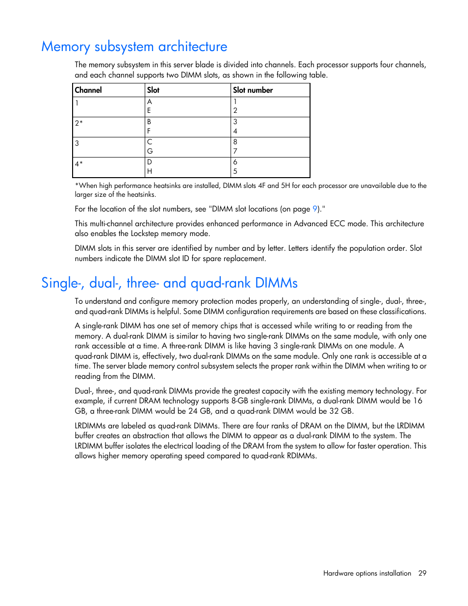 Memory subsystem architecture, Single-, dual-, three- and quad-rank dimms | HP ProLiant BL460c Gen8 Server Blade User Manual | Page 29 / 83