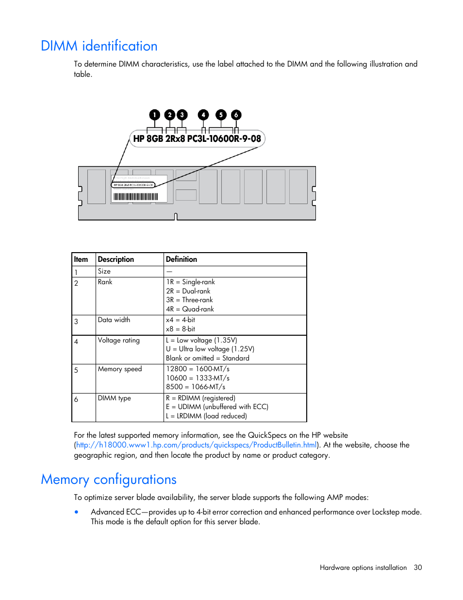 Dimm identification, Memory configurations | HP ProLiant BL460c Gen8 Server Blade User Manual | Page 30 / 83