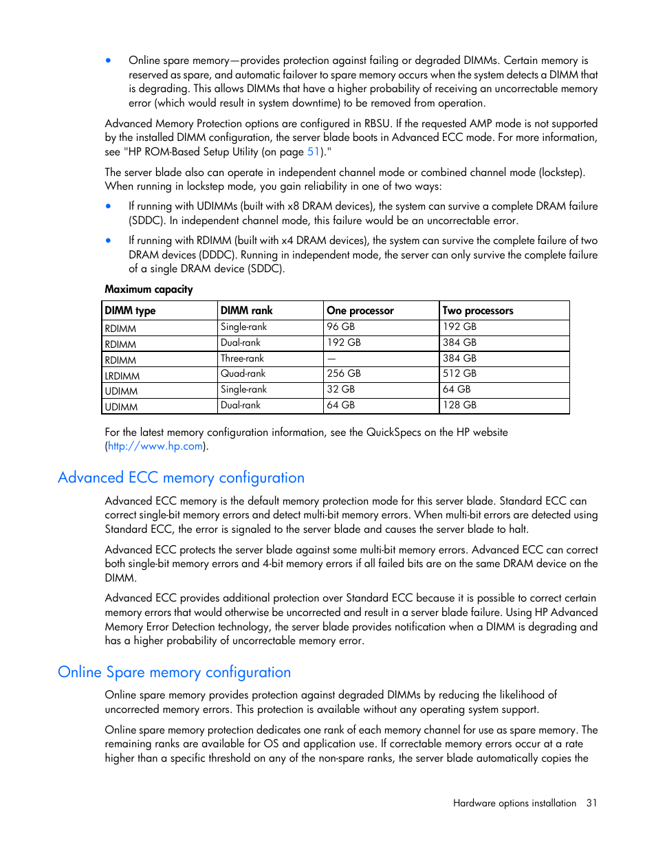 Advanced ecc memory configuration, Online spare memory configuration | HP ProLiant BL460c Gen8 Server Blade User Manual | Page 31 / 83