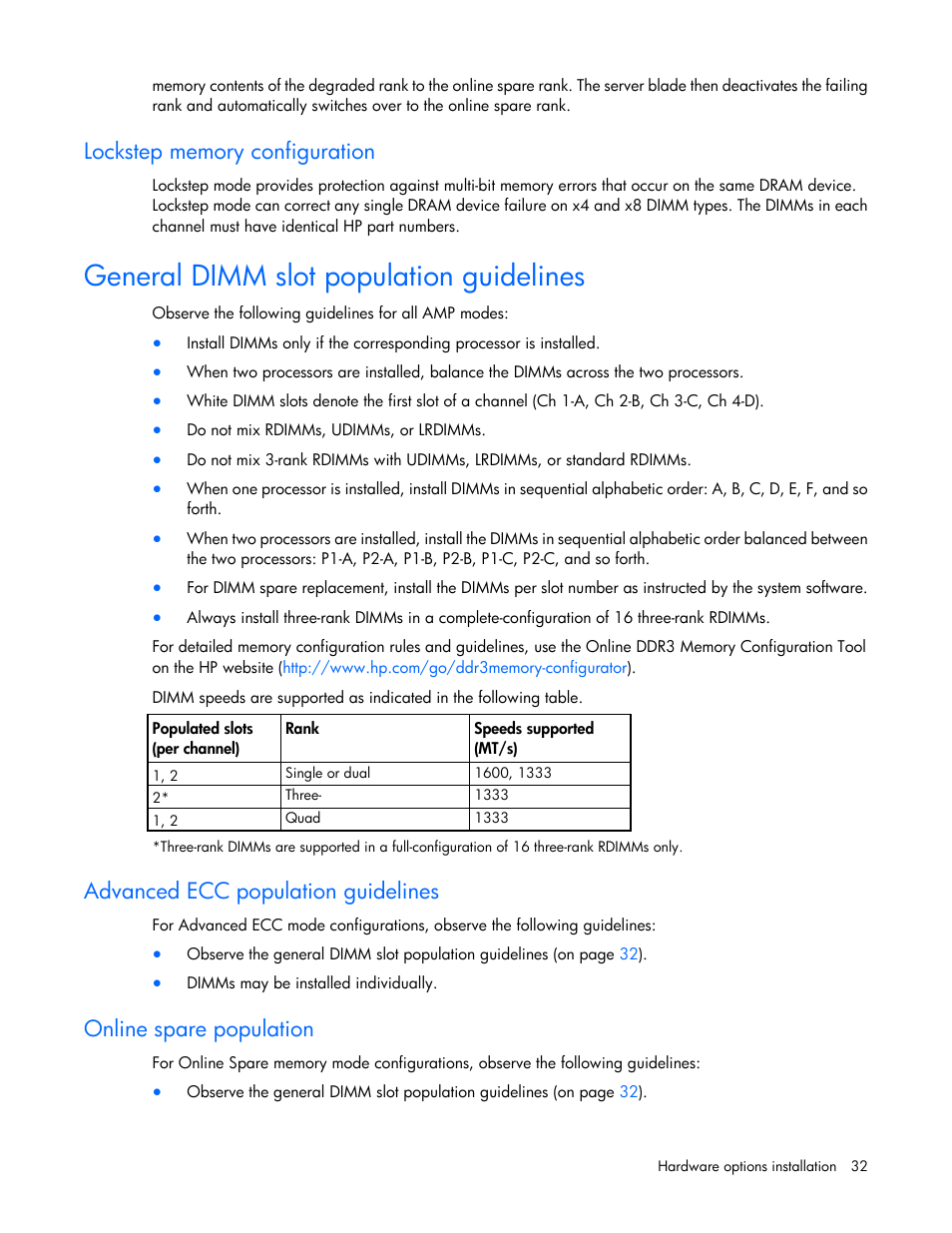 Lockstep memory configuration, General dimm slot population guidelines, Advanced ecc population guidelines | Online spare population | HP ProLiant BL460c Gen8 Server Blade User Manual | Page 32 / 83