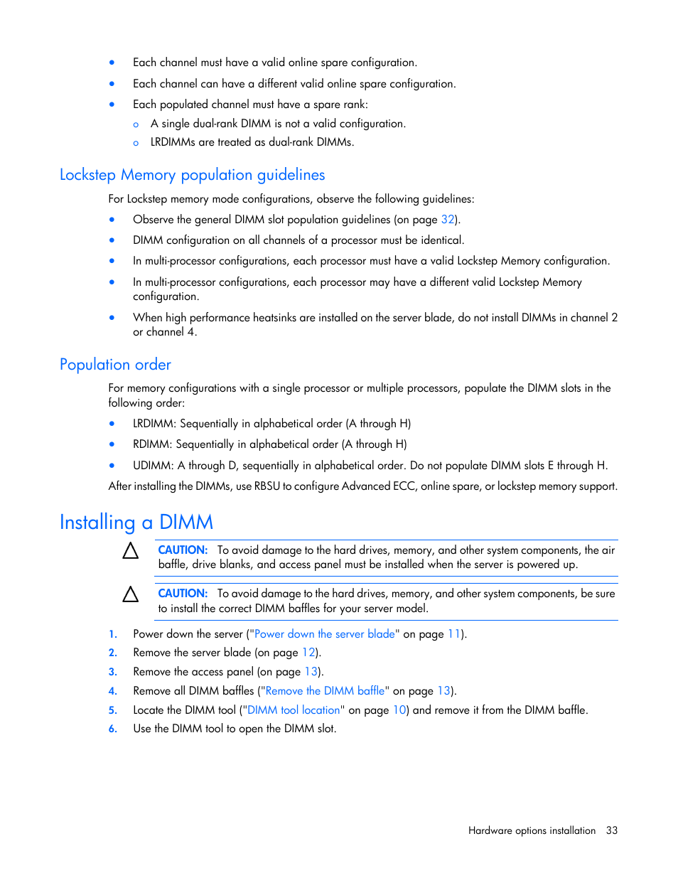 Lockstep memory population guidelines, Population order, Installing a dimm | HP ProLiant BL460c Gen8 Server Blade User Manual | Page 33 / 83