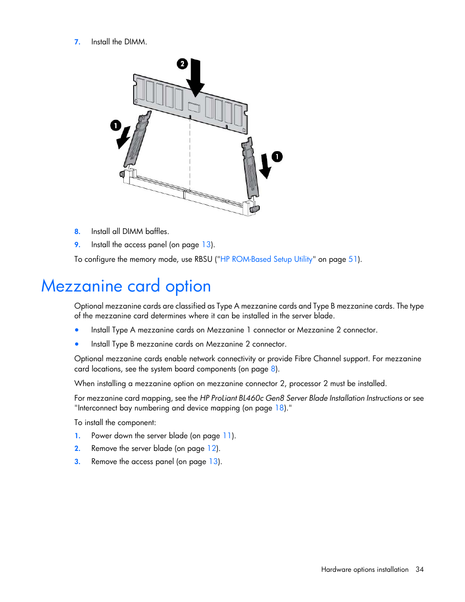 Mezzanine card option | HP ProLiant BL460c Gen8 Server Blade User Manual | Page 34 / 83