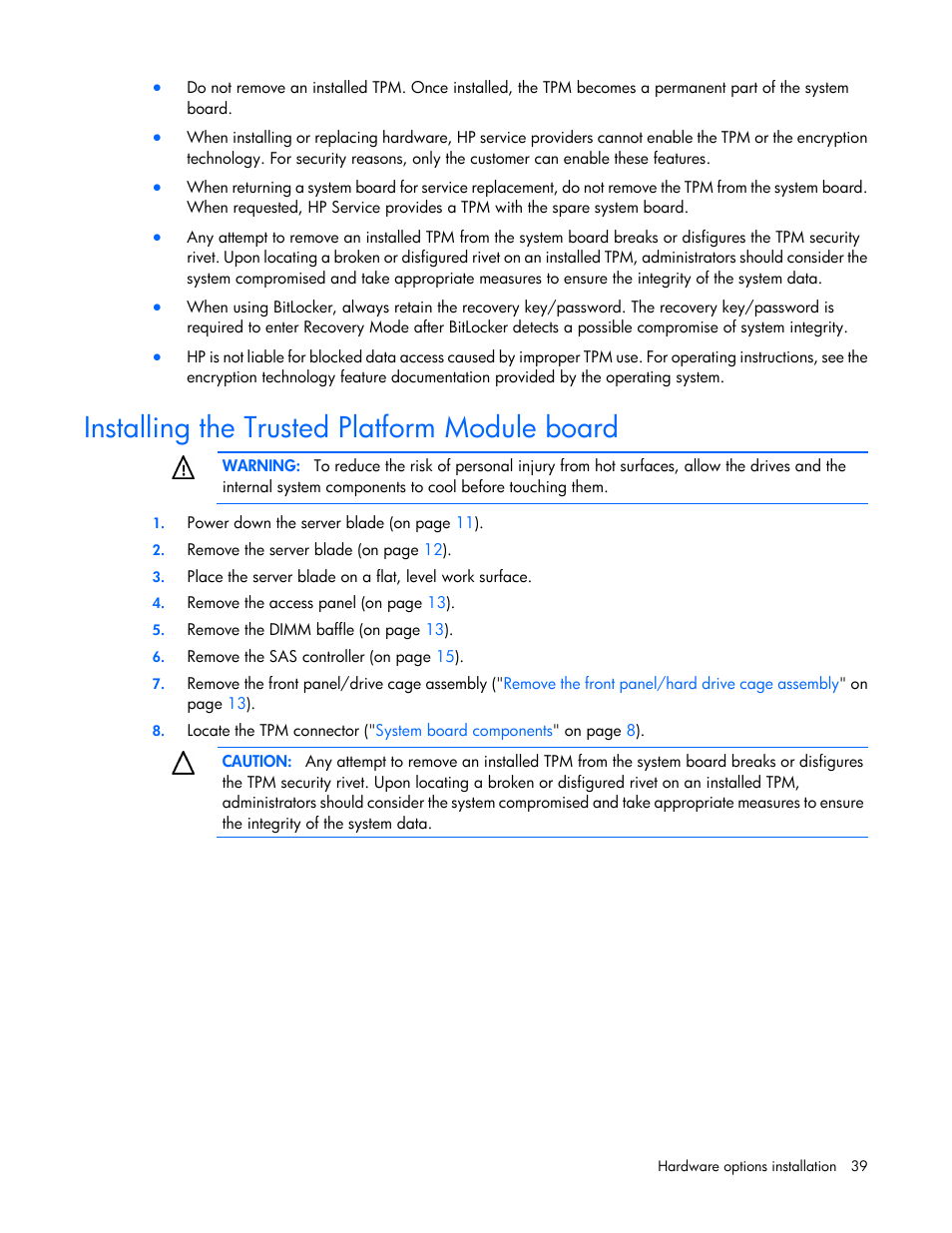 Installing the trusted platform module board | HP ProLiant BL460c Gen8 Server Blade User Manual | Page 39 / 83