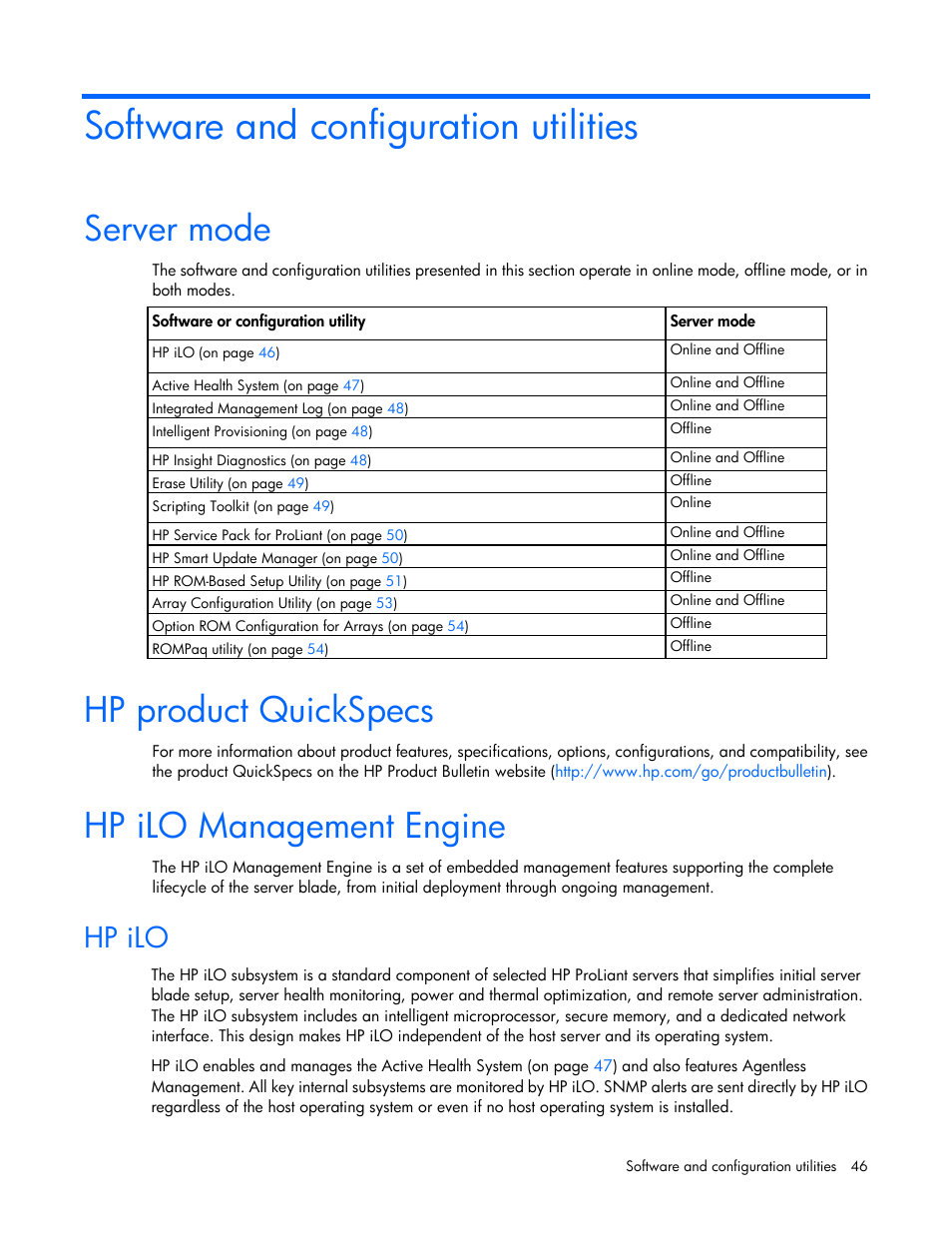 Software and configuration utilities, Server mode, Hp product quickspecs | Hp ilo management engine, Hp ilo | HP ProLiant BL460c Gen8 Server Blade User Manual | Page 46 / 83