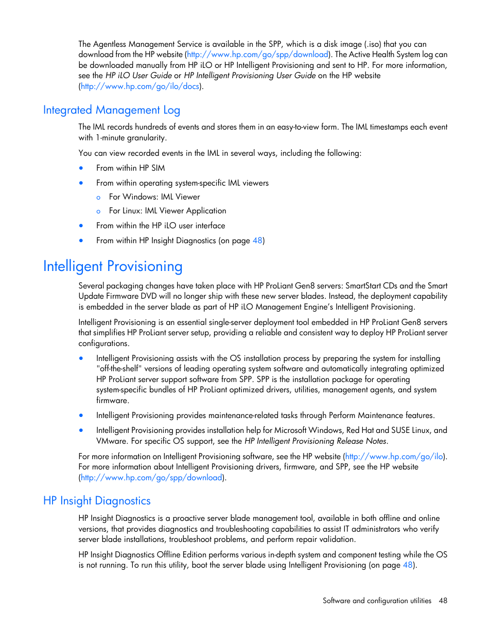 Integrated management log, Intelligent provisioning, Hp insight diagnostics | HP ProLiant BL460c Gen8 Server Blade User Manual | Page 48 / 83