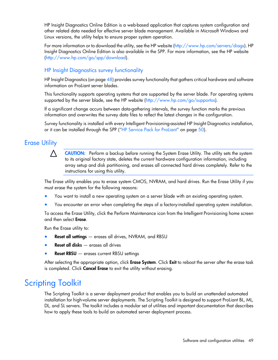 Hp insight diagnostics survey functionality, Erase utility, Scripting toolkit | HP ProLiant BL460c Gen8 Server Blade User Manual | Page 49 / 83