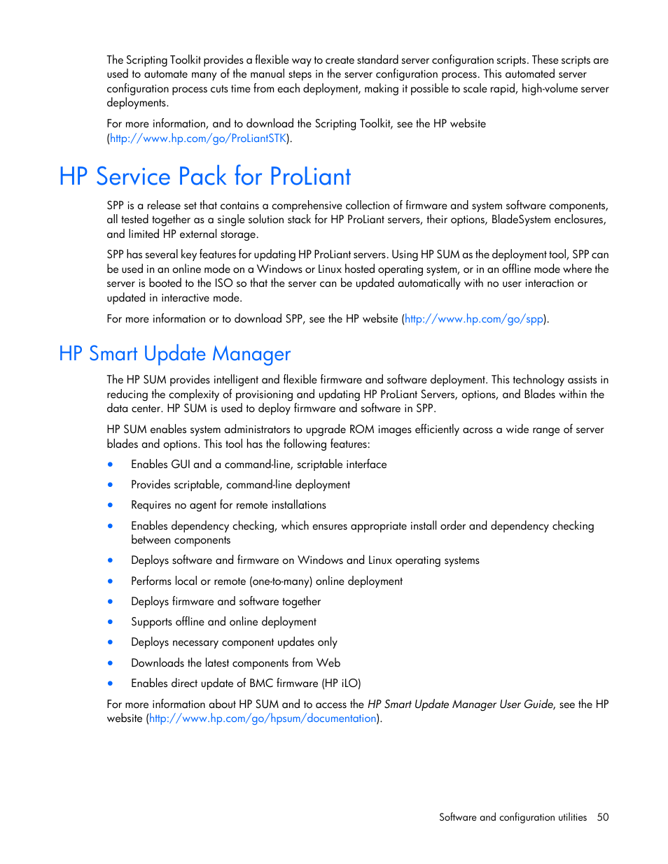 Hp service pack for proliant, Hp smart update manager | HP ProLiant BL460c Gen8 Server Blade User Manual | Page 50 / 83