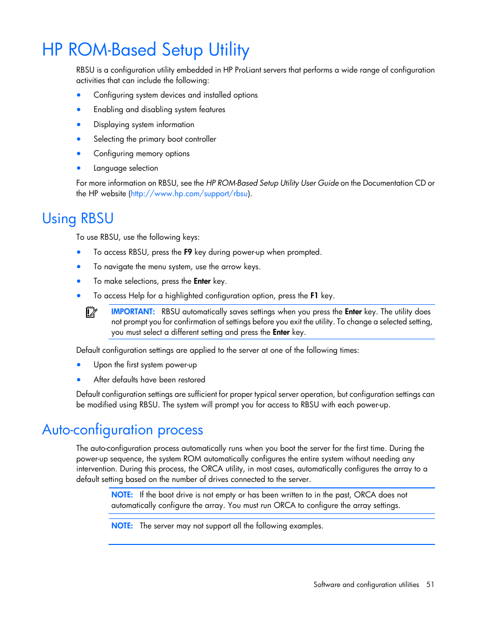 Hp rom-based setup utility, Using rbsu, Auto-configuration process | HP ProLiant BL460c Gen8 Server Blade User Manual | Page 51 / 83