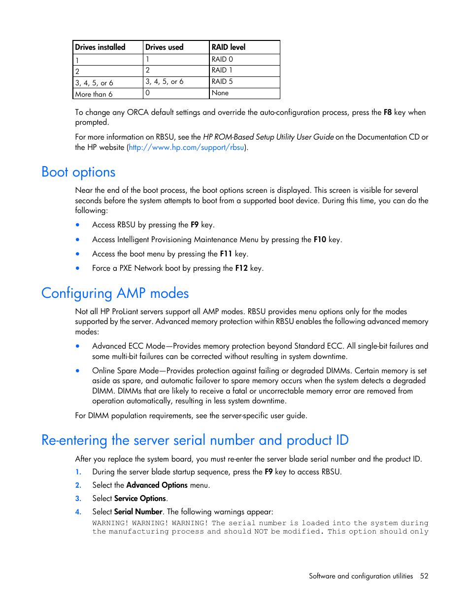 Boot options, Configuring amp modes | HP ProLiant BL460c Gen8 Server Blade User Manual | Page 52 / 83