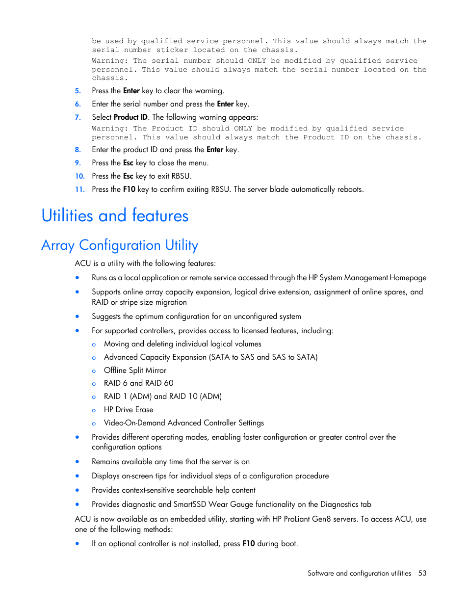 Utilities and features, Array configuration utility | HP ProLiant BL460c Gen8 Server Blade User Manual | Page 53 / 83