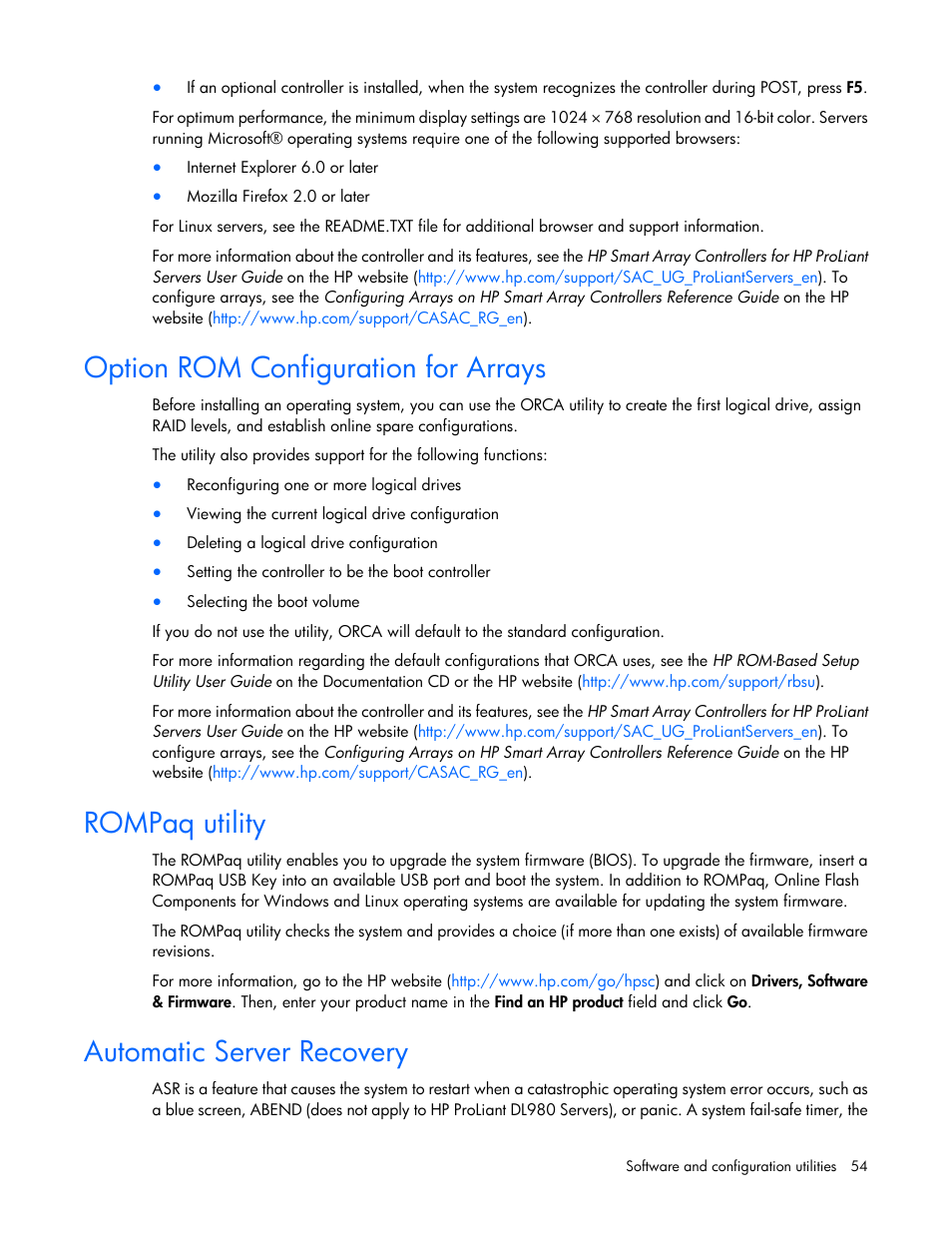 Option rom configuration for arrays, Rompaq utility, Automatic server recovery | HP ProLiant BL460c Gen8 Server Blade User Manual | Page 54 / 83