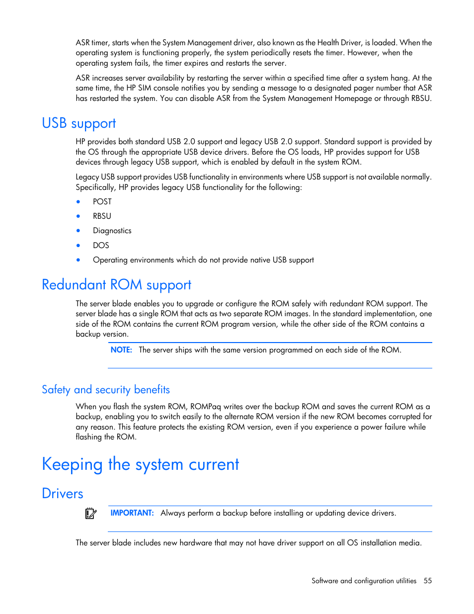 Usb support, Redundant rom support, Safety and security benefits | Keeping the system current, Drivers | HP ProLiant BL460c Gen8 Server Blade User Manual | Page 55 / 83