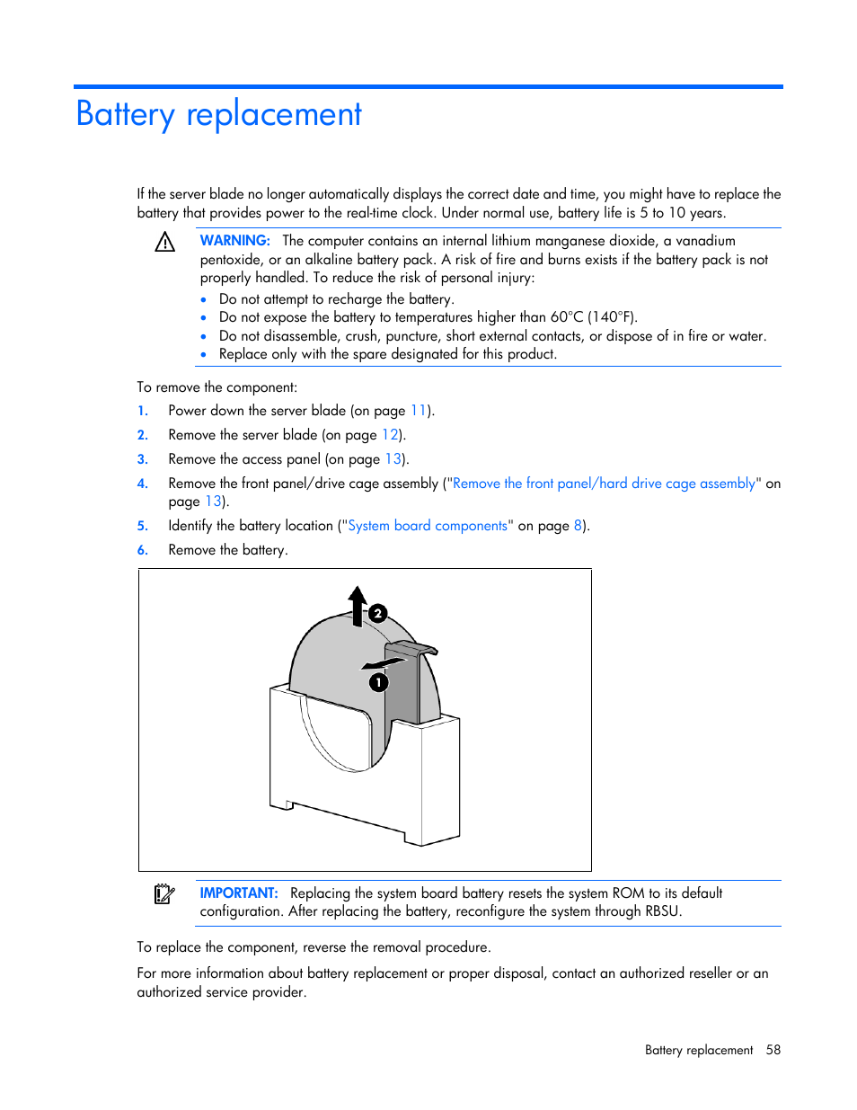 Battery replacement | HP ProLiant BL460c Gen8 Server Blade User Manual | Page 58 / 83