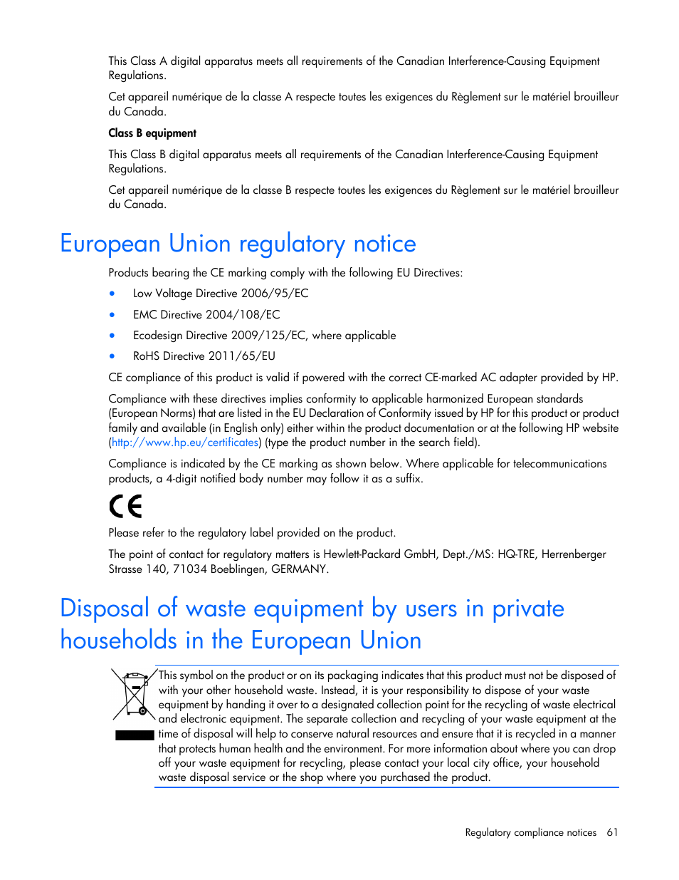 European union regulatory notice | HP ProLiant BL460c Gen8 Server Blade User Manual | Page 61 / 83