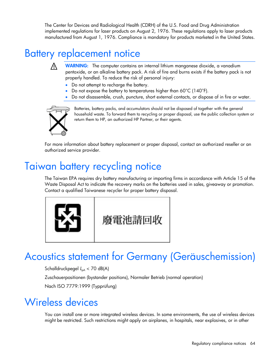 Battery replacement notice, Taiwan battery recycling notice, Acoustics statement for germany (geräuschemission) | Wireless devices | HP ProLiant BL460c Gen8 Server Blade User Manual | Page 64 / 83