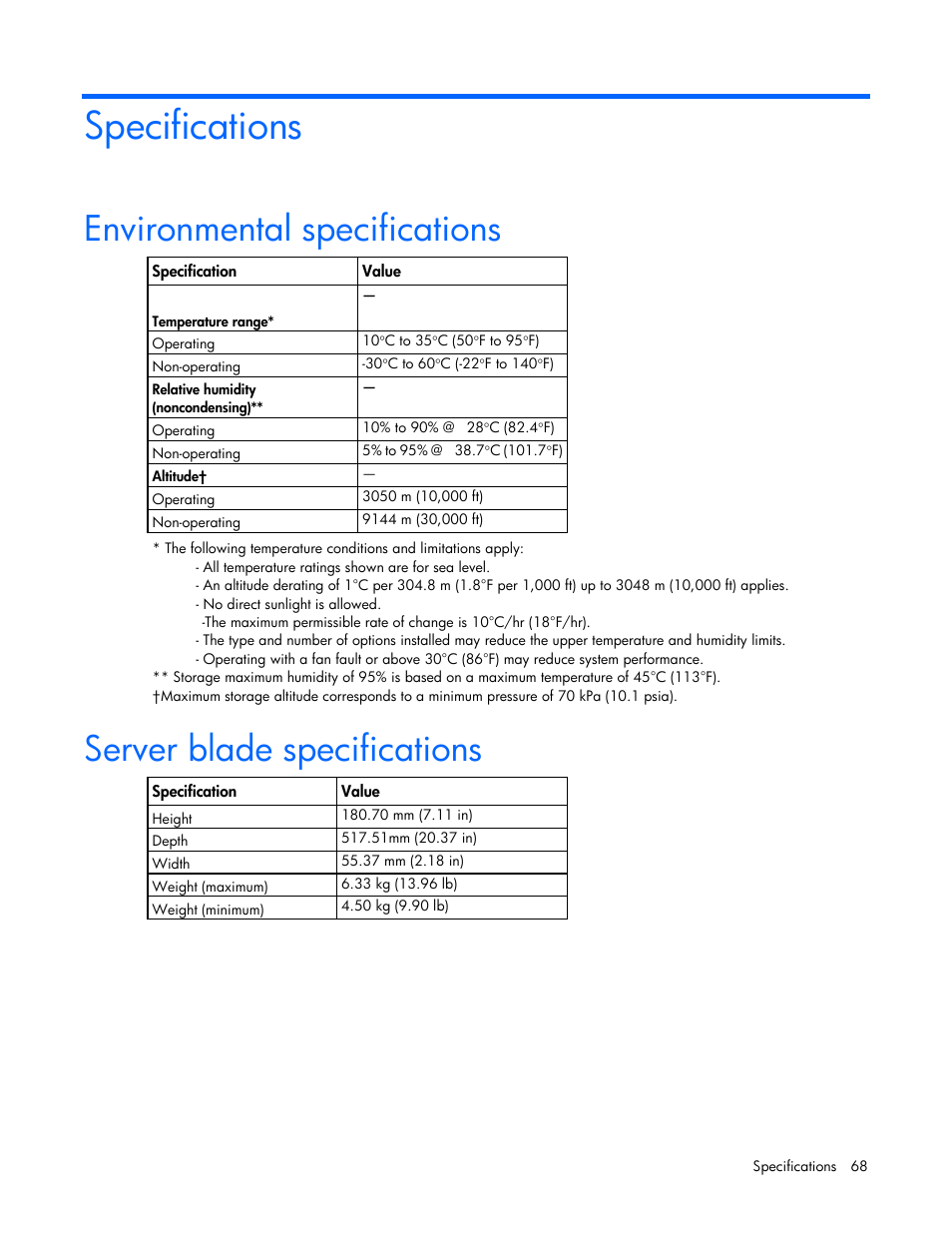 Specifications, Environmental specifications, Server blade specifications | HP ProLiant BL460c Gen8 Server Blade User Manual | Page 68 / 83