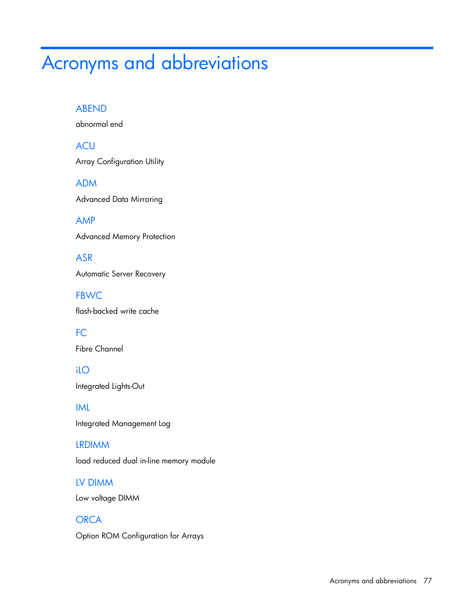 Acronyms and abbreviations | HP ProLiant BL460c Gen8 Server Blade User Manual | Page 77 / 83