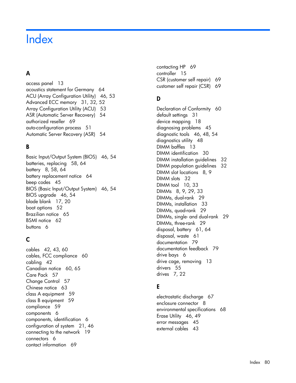 Index | HP ProLiant BL460c Gen8 Server Blade User Manual | Page 80 / 83