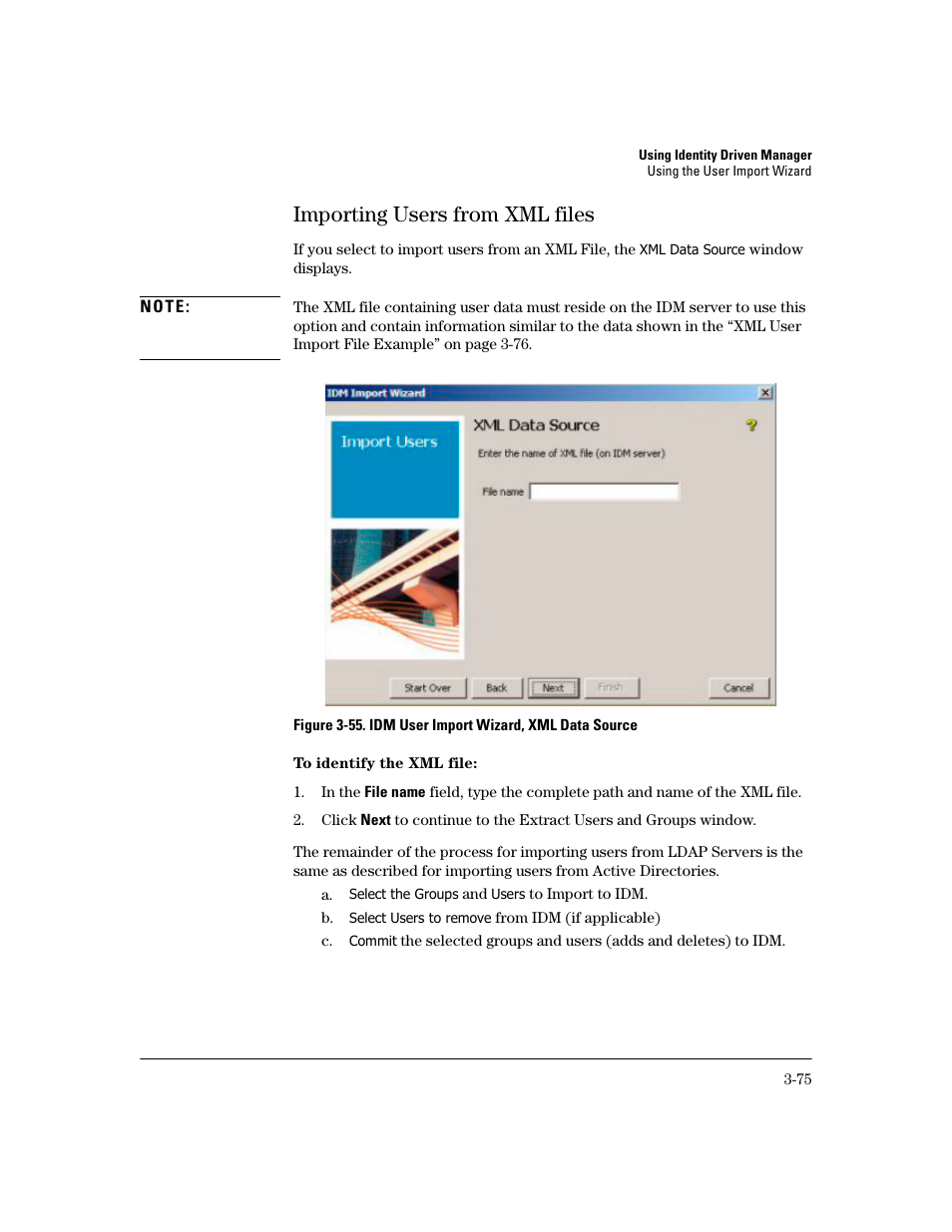 Importing users from xml files, Importing users from xml files -75 | HP Identity Driven Manager Software Series User Manual | Page 139 / 194