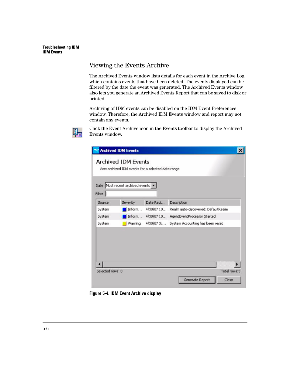 Viewing the events archive, Viewing the events archive -6 | HP Identity Driven Manager Software Series User Manual | Page 168 / 194