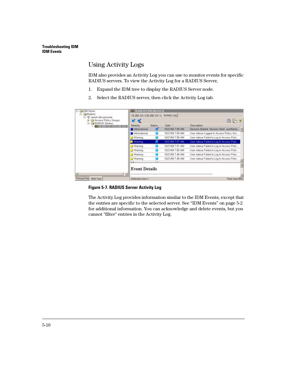 Using activity logs, Using activity logs -10 | HP Identity Driven Manager Software Series User Manual | Page 172 / 194