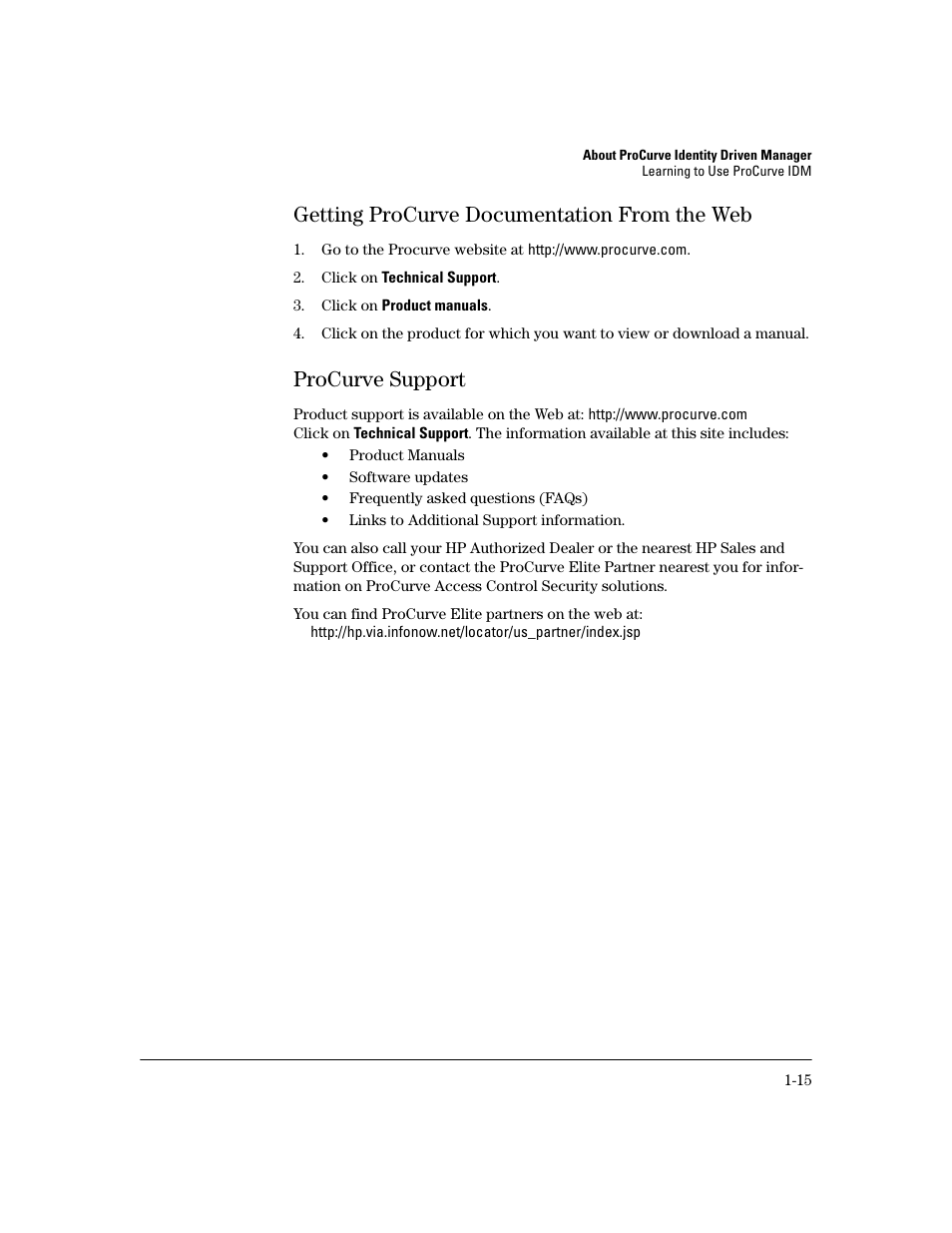 Getting procurve documentation from the web, Procurve support, Getting procurve documentation from the web -15 | Procurve support -15 | HP Identity Driven Manager Software Series User Manual | Page 21 / 194