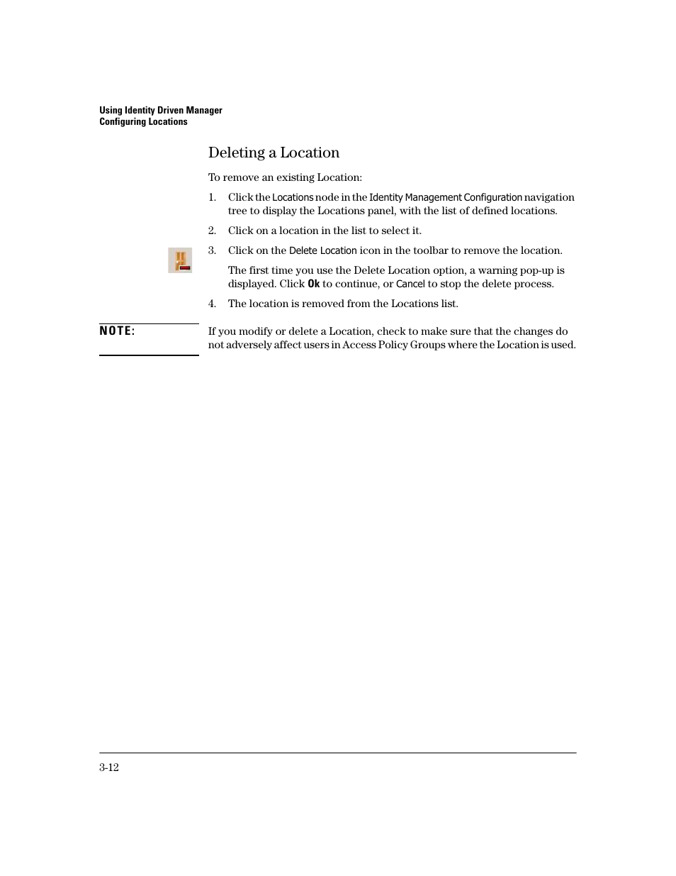 Deleting a location, Deleting a location -12 | HP Identity Driven Manager Software Series User Manual | Page 76 / 194