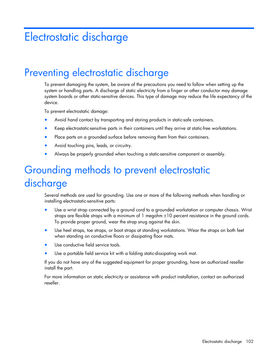 Electrostatic discharge, Preventing electrostatic discharge | HP ProLiant ML350 G5 Server User Manual | Page 102 / 118