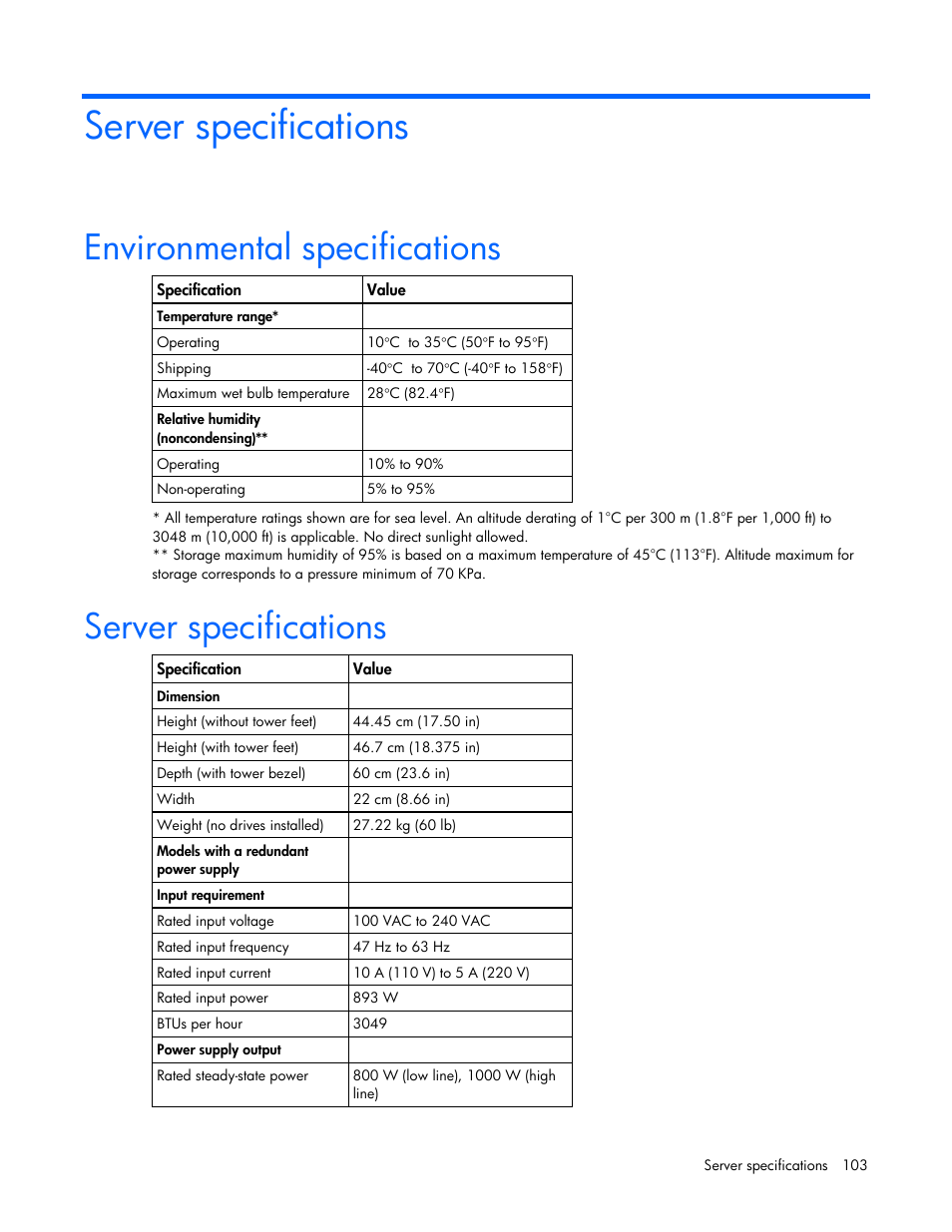 Server specifications, Environmental specifications | HP ProLiant ML350 G5 Server User Manual | Page 103 / 118