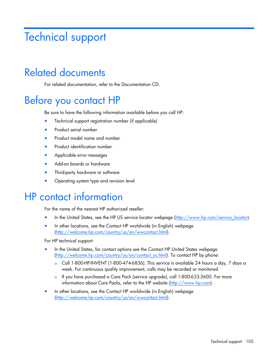 Technical support, Related documents, Before you contact hp | Hp contact information | HP ProLiant ML350 G5 Server User Manual | Page 105 / 118