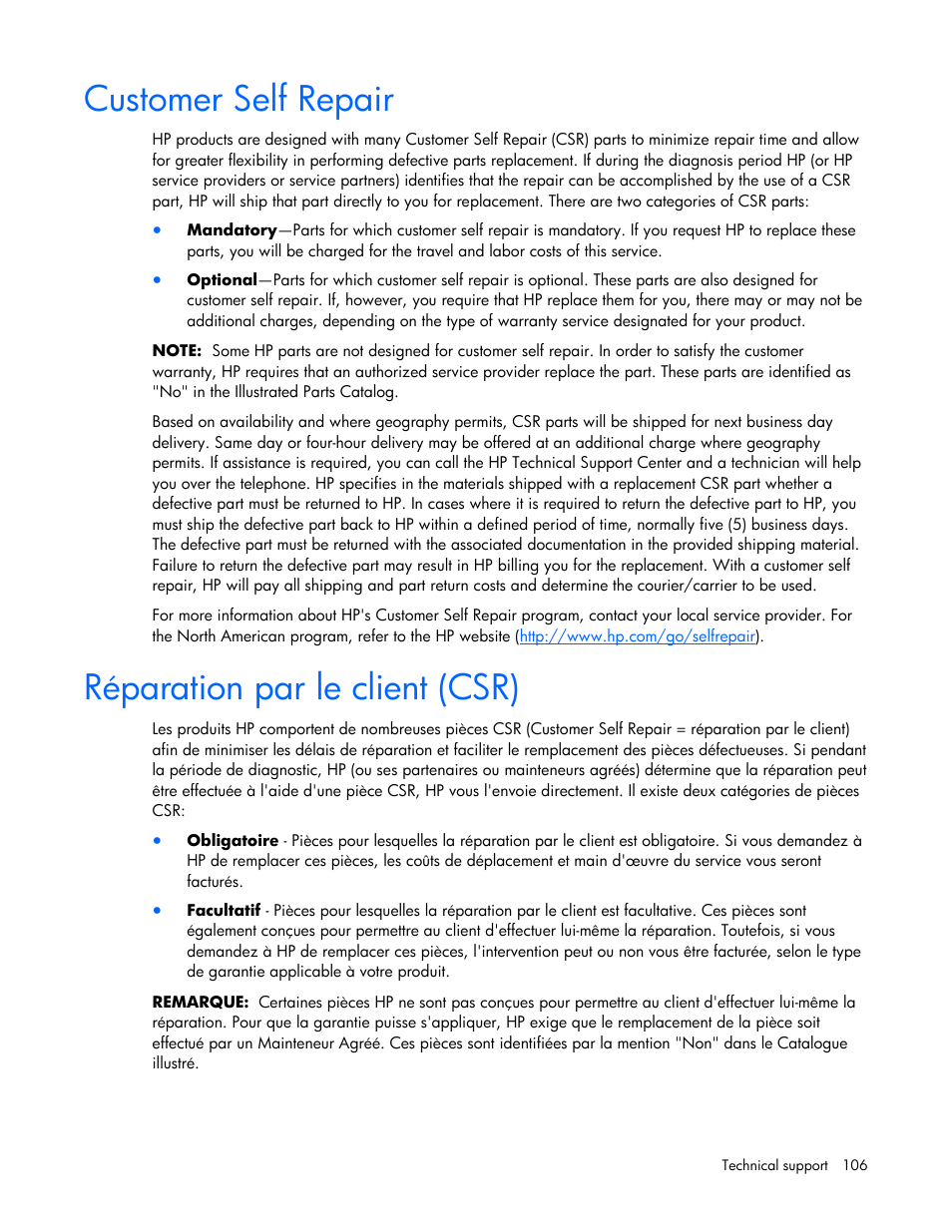 Customer self repair, Réparation par le client (csr) | HP ProLiant ML350 G5 Server User Manual | Page 106 / 118