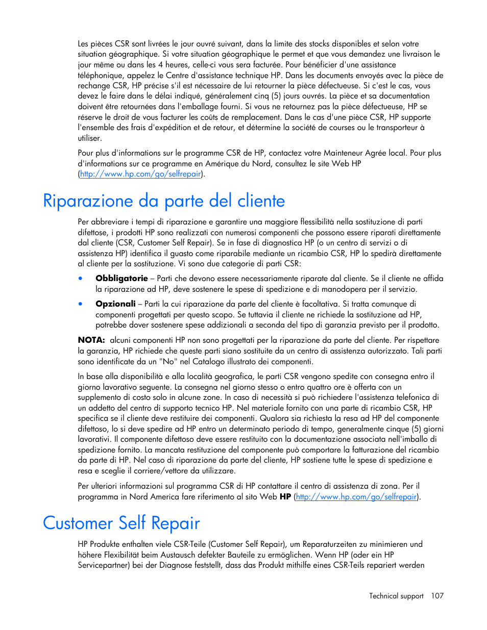 Riparazione da parte del cliente, Customer self repair | HP ProLiant ML350 G5 Server User Manual | Page 107 / 118