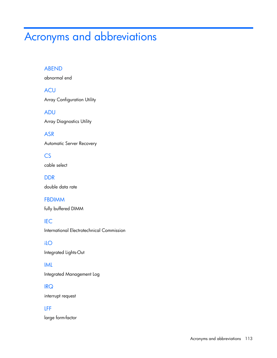 Acronyms and abbreviations | HP ProLiant ML350 G5 Server User Manual | Page 113 / 118