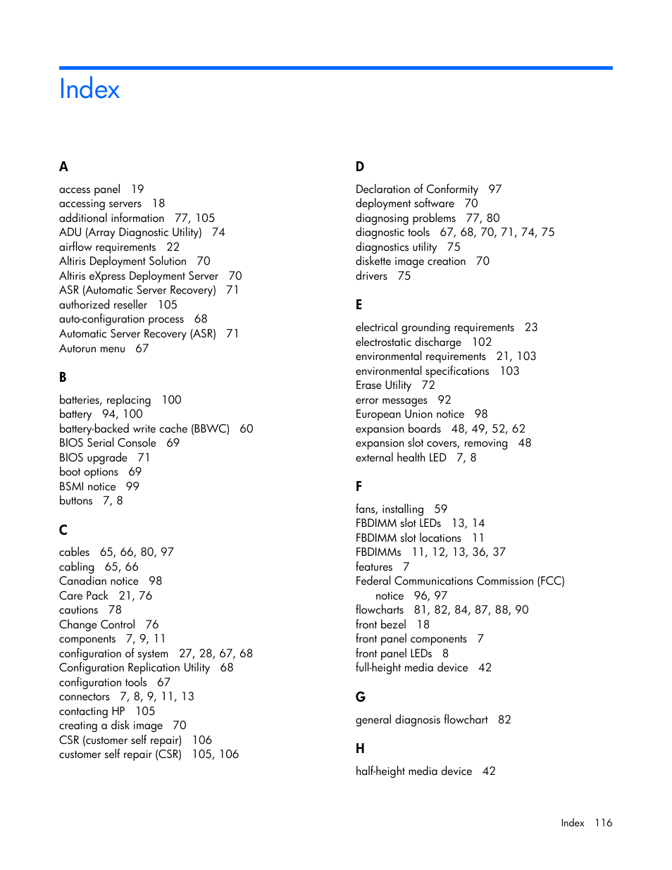 Index | HP ProLiant ML350 G5 Server User Manual | Page 116 / 118