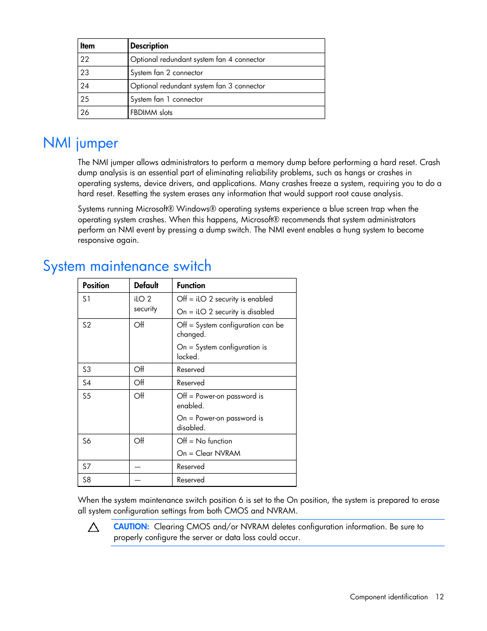 Nmi jumper, System maintenance switch | HP ProLiant ML350 G5 Server User Manual | Page 12 / 118