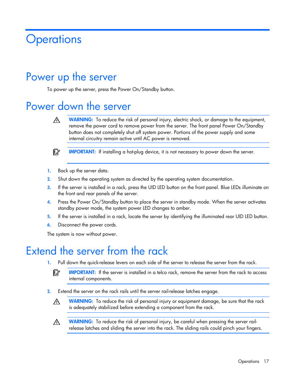 Operations, Power up the server, Power down the server | Extend the server from the rack | HP ProLiant ML350 G5 Server User Manual | Page 17 / 118