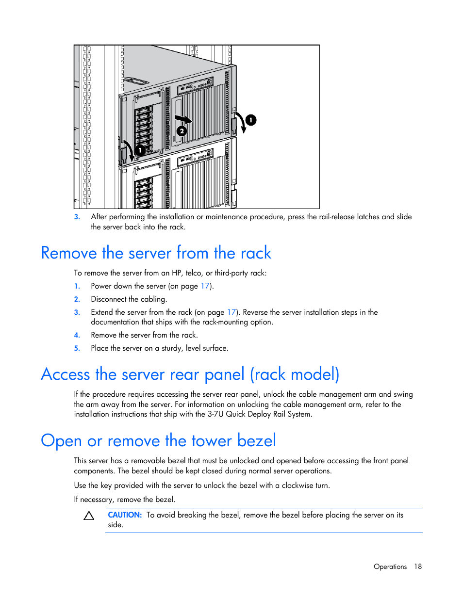 Remove the server from the rack, Access the server rear panel (rack model), Open or remove the tower bezel | HP ProLiant ML350 G5 Server User Manual | Page 18 / 118