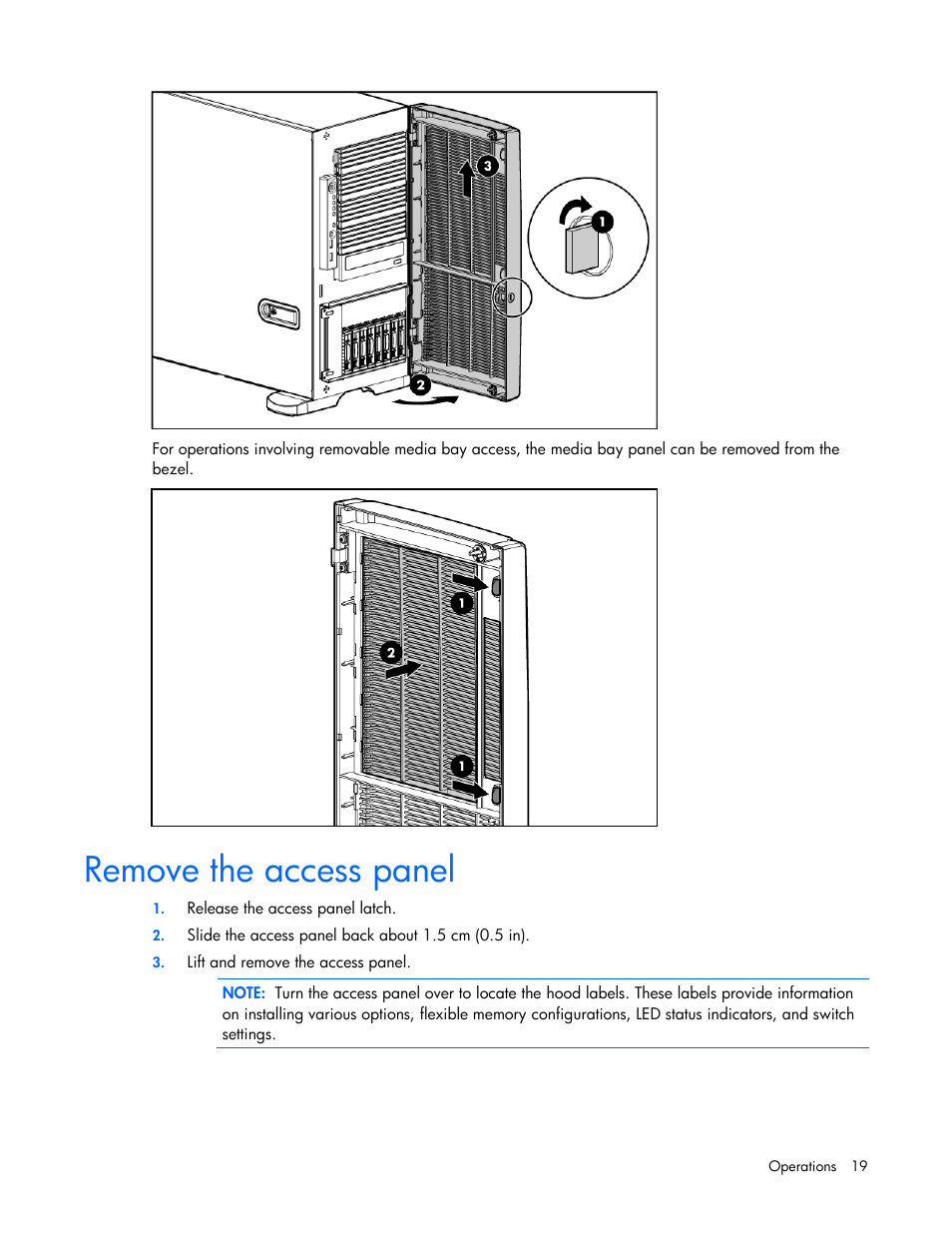 Remove the access panel | HP ProLiant ML350 G5 Server User Manual | Page 19 / 118