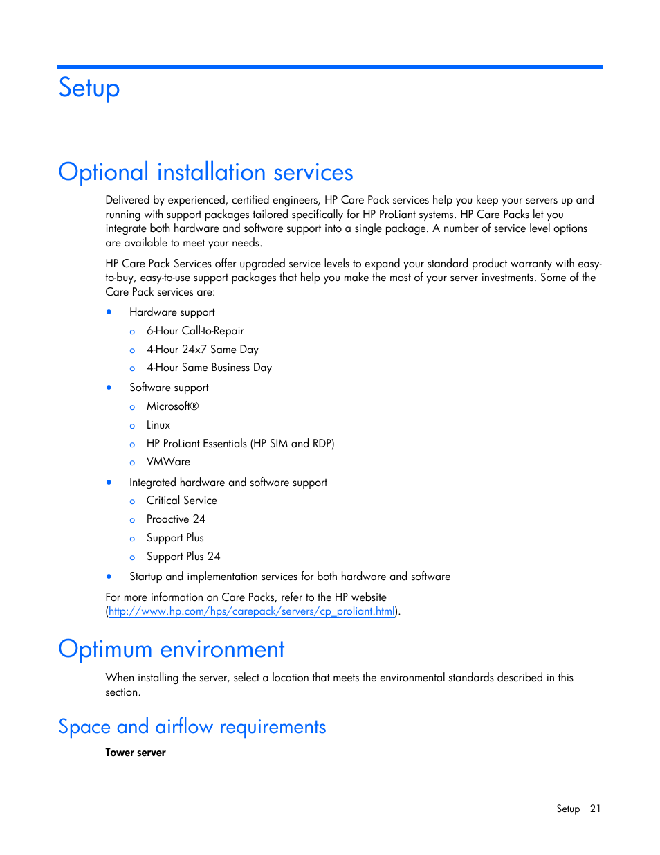 Setup, Optional installation services, Optimum environment | Space and airflow requirements | HP ProLiant ML350 G5 Server User Manual | Page 21 / 118