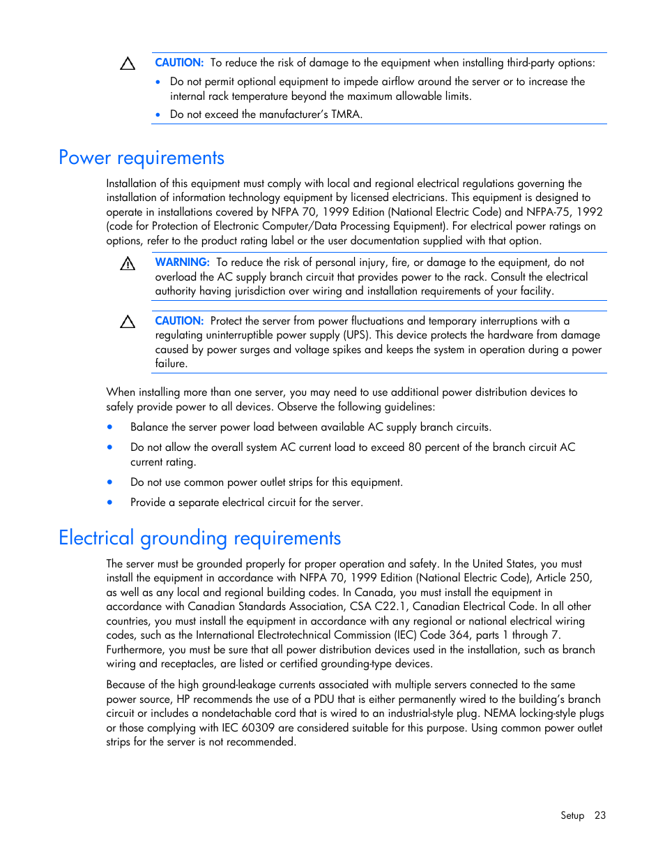 Power requirements, Electrical grounding requirements | HP ProLiant ML350 G5 Server User Manual | Page 23 / 118