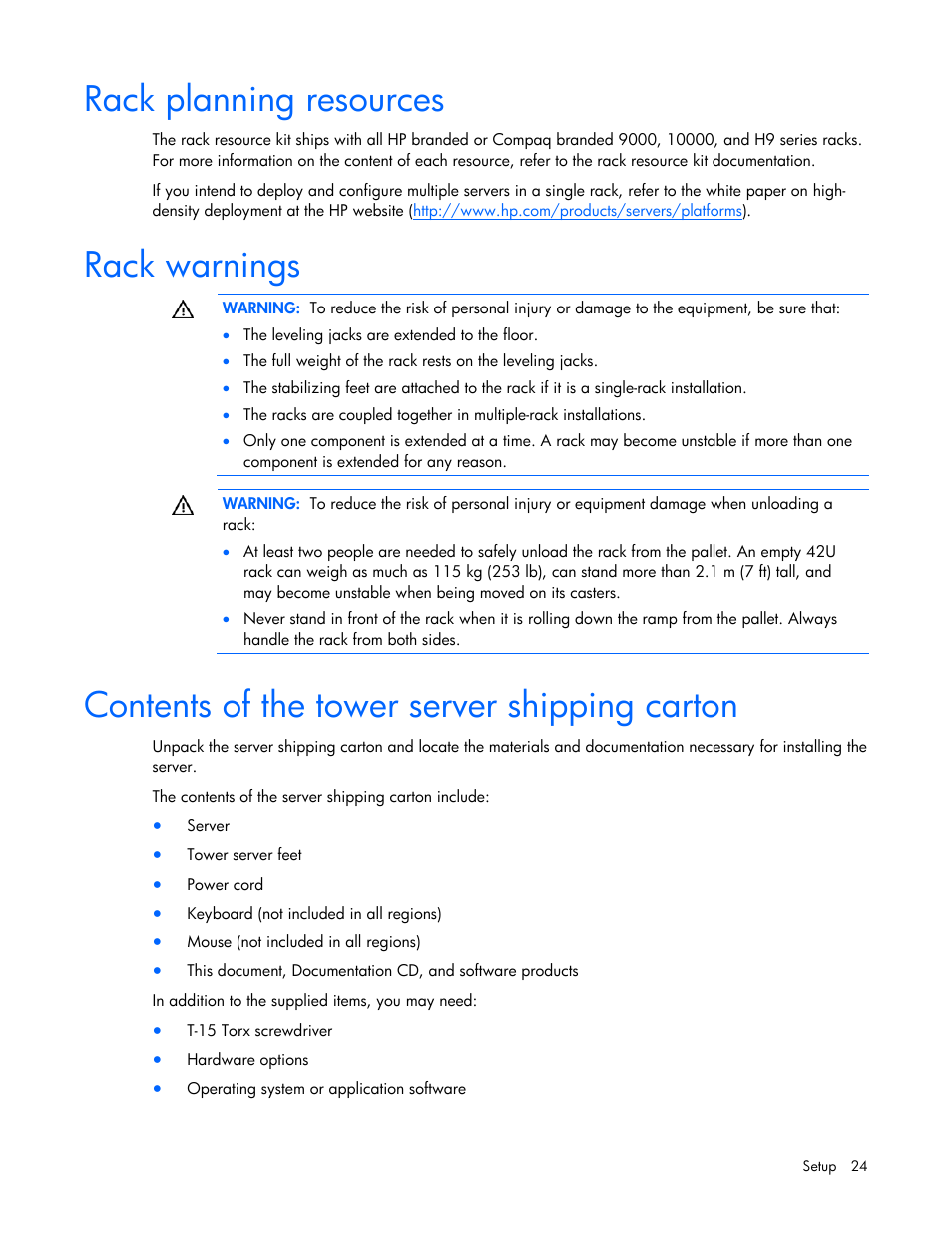 Rack planning resources, Rack warnings, Contents of the tower server shipping carton | HP ProLiant ML350 G5 Server User Manual | Page 24 / 118