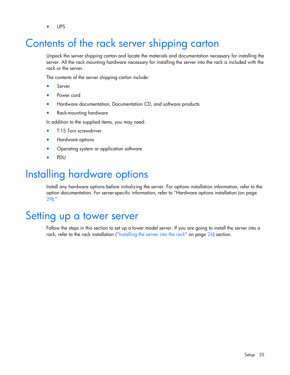 Contents of the rack server shipping carton, Installing hardware options, Setting up a tower server | HP ProLiant ML350 G5 Server User Manual | Page 25 / 118