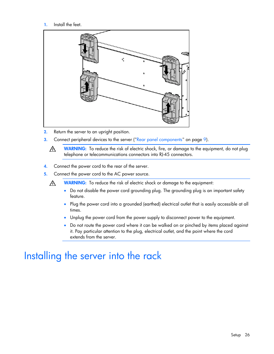 Installing the server into the rack, Tion, Section | HP ProLiant ML350 G5 Server User Manual | Page 26 / 118