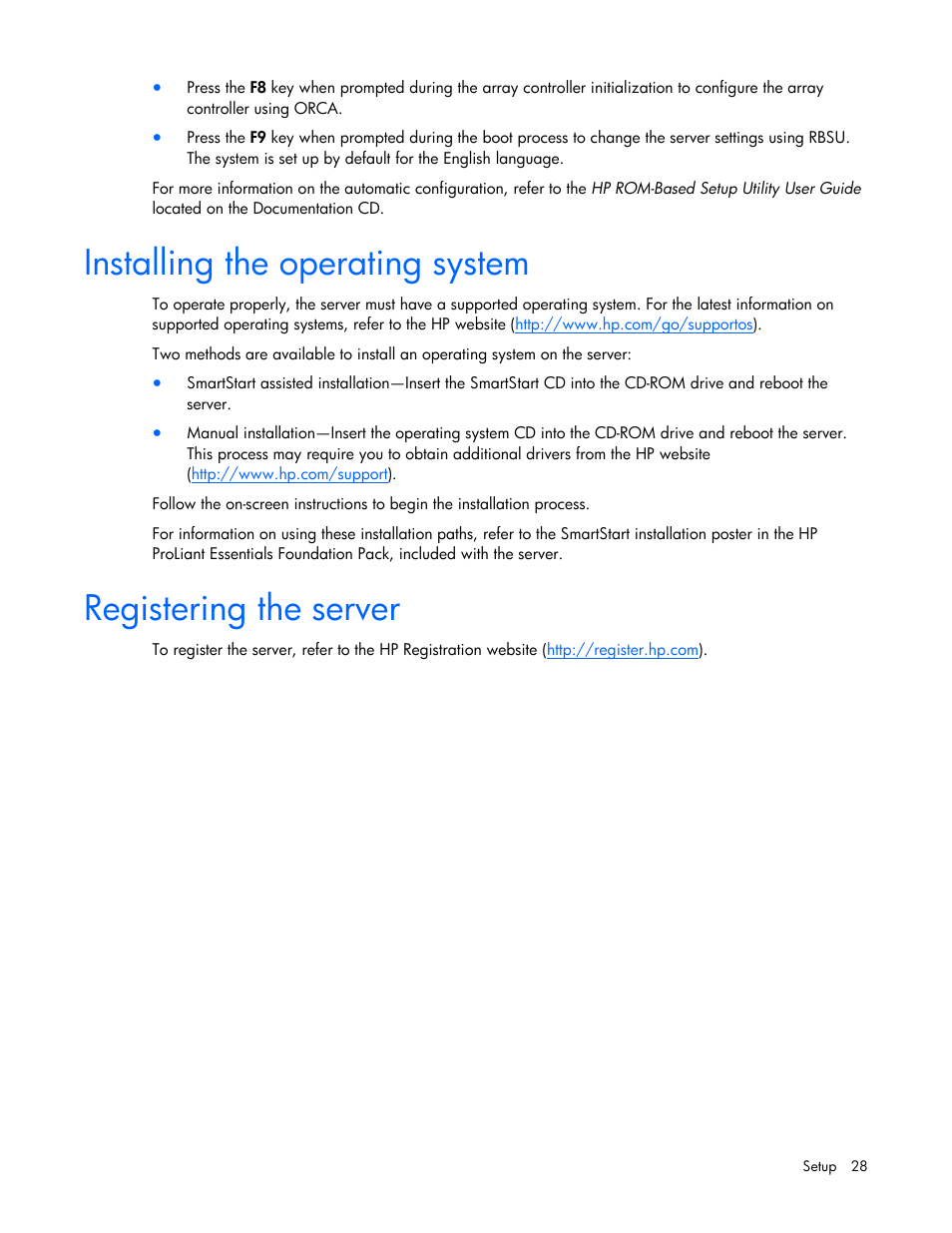 Installing the operating system, Registering the server | HP ProLiant ML350 G5 Server User Manual | Page 28 / 118