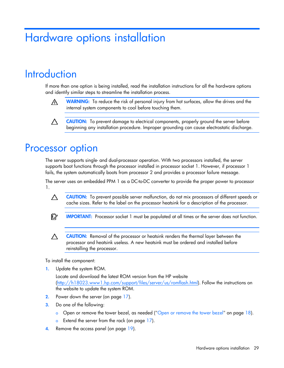 Hardware options installation, Introduction, Processor option | HP ProLiant ML350 G5 Server User Manual | Page 29 / 118